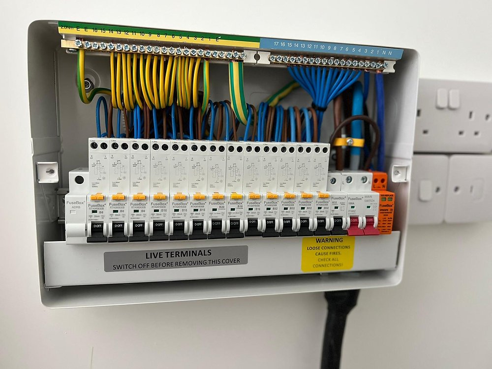 New 18th Edition RCBO consumer unit with surge protection, fitted and neatly wired during a fuse box replacement in Brighton & Hove